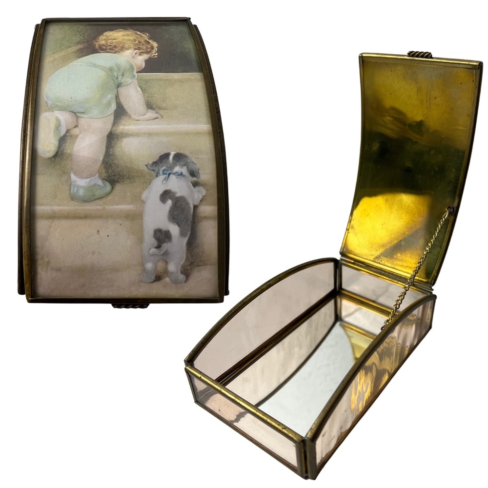 Vintage Brass Glass Jewelry Beveled Trinket Box Collectible Bessie Pease Gutmann